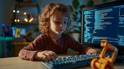 A child playing the role of a software developer, typing code on a toy keyboard,