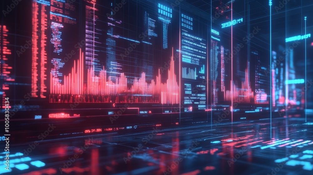 Poster futuristic digital interface with red and blue glowing lines.