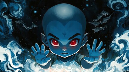 Fototapeta premium Young Boy with Red Eyes and Bats in a Dark Sky