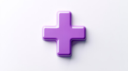 Obraz premium A simple, cartoon-style purple plus sign stands out against a white background. It represents first aid and healthcare, and symbolizes emergency help.
