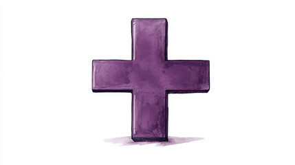 Obraz premium A simple, cartoon-style purple plus sign stands out against a white background. It represents first aid and healthcare, and symbolizes emergency help.