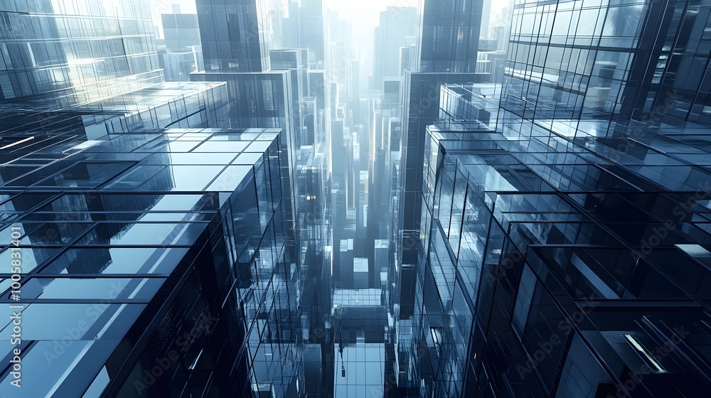 Poster sleek futuristic cityscape featuring a grid like arrangement of towering skyscrapers with angular gl
