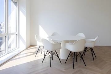 Sunlit minimalist room with white table and chairs, overlooking cityscape