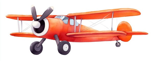 A cute and vibrant toy-like airplane with bold orange wings and engines, perfect for a childrens story or animated travel-themed concept.