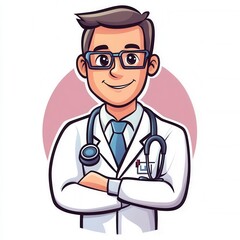 Fototapeta premium A friendly cartoon doctor with glasses stands confidently, ready to assist patients in need of care.