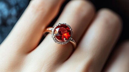 Ruby gemstone ring on a woman's hand, glowing with rich red tones. The elegant design and vibrant gemstone create a timeless look of sophistication.