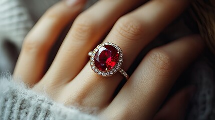 Ruby gemstone ring on a woman's hand, with the vibrant red stone standing out elegantly against the skin, exuding sophistication and charm.