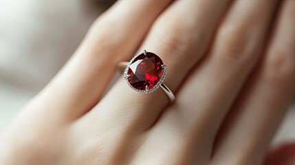 Ruby gemstone ring shines on a woman's hand, with the deep red stone taking center stage in an elegant and beautifully crafted design.