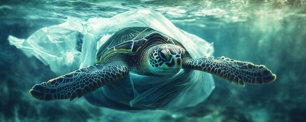 A sea turtle trapped in a plastic bag underwater, marine pollution, plastic waste impact