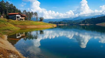 Fototapeta premium The peaceful Lam Takhong Reservoir with the reflection of the blue sky on the water.
