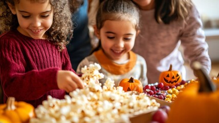Young Girl Reaching for Popcorn with Halloween Decorations in the Background