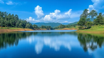 Fototapeta premium The peaceful Lam Takhong Reservoir with the reflection of the blue sky on the water.