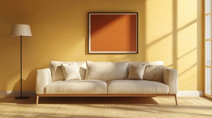 A cozy living room featuring a light couch, floor lamp, and a warm-colored wall art.