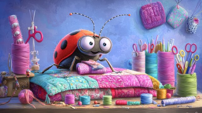 A delightful ladybug working on a sewing project, with her quilted wings showcasing intricate patchwork designs, adding the finishing touches to her quilt.