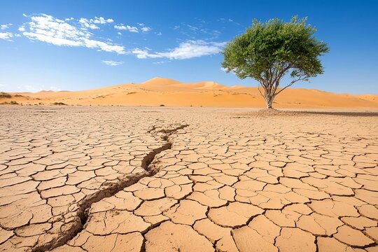 Lone tree in a dry cracked desert landscape under a blue sky.