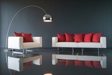 Dark gray wall, white sofa, and red cushions create a calm, modern space