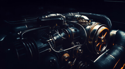 Fototapeta premium A close up of a car engine with a black background. The engine is shiny and metallic, giving off a futuristic vibe