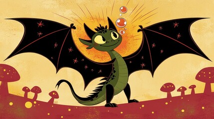 Friendly Green Dragon with Wings Spread in a Forest Setting