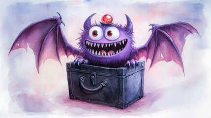 A mischievous treasure chest monster with razor-sharp teeth and a long, slithering tongue, its purple body adorned with bat wings and a glowing red eye on top.
