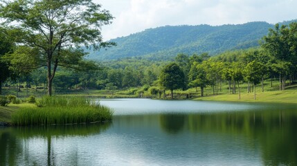 Obraz premium The serene lake and green surroundings at Lam Takhong Dam, a peaceful retreat.