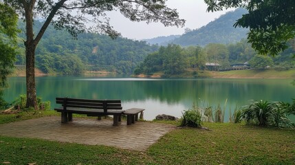 Obraz premium The serene lake and green surroundings at Lam Takhong Dam, a peaceful retreat.