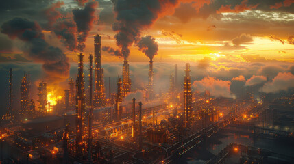 stunning industrial landscape at sunset, showcasing towering smokestacks and vibrant flames against dramatic sky. scene captures essence of energy production and urban development