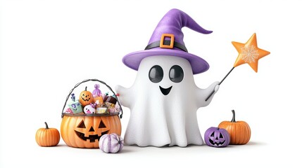 Fototapeta premium A playful ghost in a purple witch hat adorned with cute Halloween decorations, holding a star wand and a pumpkin basket filled with treats.