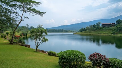 The serene lake and green surroundings at Lam Takhong Dam, a peaceful retreat.