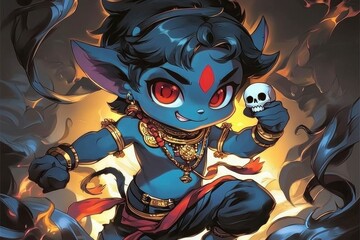 Naklejka premium Blue-skinned demon child with red eyes holding skull