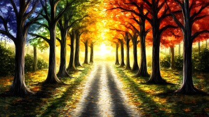 Naklejka premium Autumn Forest Path Colorful Trees Sunbeams Watercolor Woodland