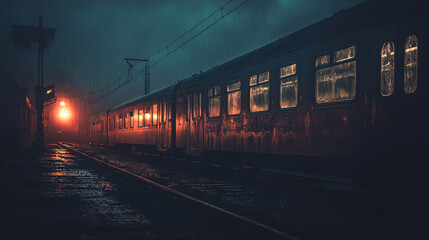 Obraz premium A train is parked on a wet train track at night. The train is surrounded by a dark, rainy atmosphere
