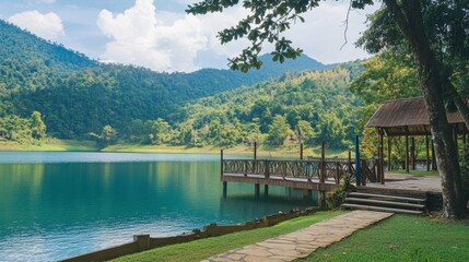 Fototapeta premium The serene lake and green surroundings at Lam Takhong Dam, a peaceful retreat.