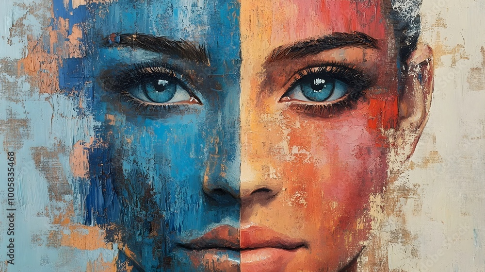 Aufkleber Captivating surreal digital portrait painting featuring a woman's face with intense,emotive expression. Colorful brushstrokes and abstract textures create a powerful,imaginative.