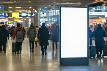 Fototapeta premium Blank advertising panel in a busy airport terminal