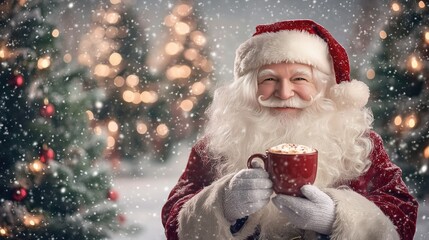 Santa enjoying a hot mug of cocoa in the snow, surrounded by Christmas trees and twinkling holiday lights. His jolly expression captures the spirit of the season.