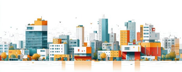 Modern cityscape illustration showcasing diverse architectural designs with vibrant colors and geometric patterns