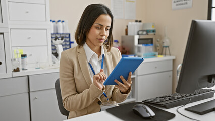 Focused hispanic woman in office attire using a tablet at her modern workplace.