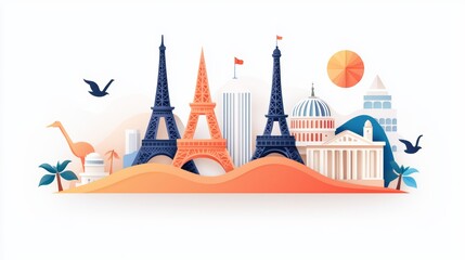Obraz premium A travel-inspired cityscape with famous global landmarks standing side by side, representing the spirit of exploration and adventure.