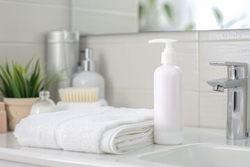 Fototapeta premium A clean, minimalist bathroom with white towels neatly folded next to a soap dispenser, evoking freshness and personal care in a modern space.