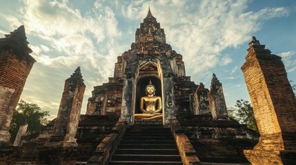 Obraz premium The towering Buddha image at Wat Phra Narai Maharat, one of Korat oldest temples.