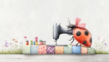 Fototapeta premium A whimsical ladybug with a charming bow and quilted wings, expertly sewing a patchwork quilt on a small sewing machine.