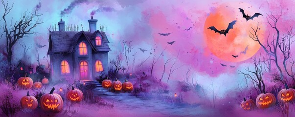 A whimsical Halloween night scene with a haunted house featuring jack-o'-lantern windows, pumpkins lining the path, and bats flying under a glowing orange moon.
