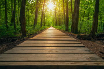 Obraz premium A wooden path in a forest with sunlight shining through the trees. The path is narrow and surrounded by trees on both sides