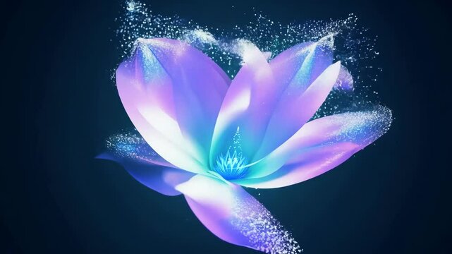 Intricate abstract particle flower opens, revealing a vibrant interplay of light and colors with mesmerizing particle movement