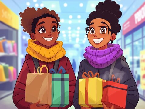 Illustration of Smiling friends carrying shopping bags during Black Friday shopping