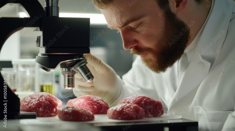 Poster scientist inspecting meat with a microscope.