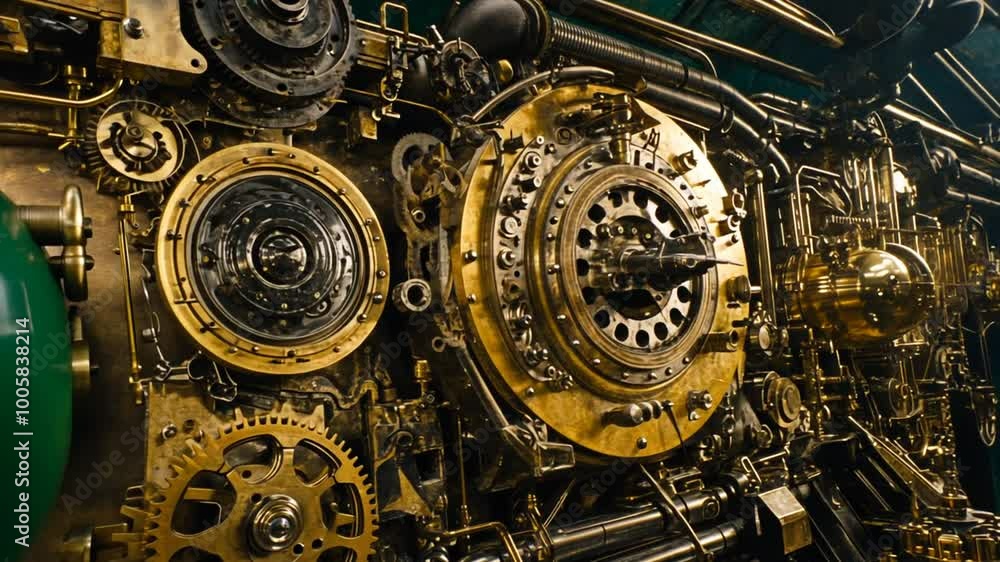Poster intricate gears and mechanisms of a vintage steam engine in detail generative ai