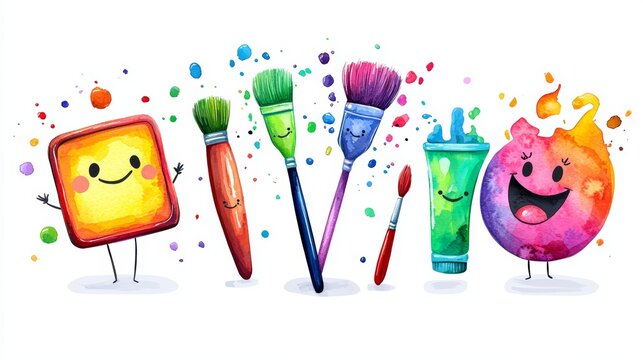 Charming watercolor art supplies, featuring a smiling paintbrush, palette, and paint tube, each with friendly faces.
