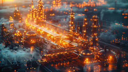 vibrant industrial landscape illuminated by glowing lights showcases complex network of pipes and structures. scene captures essence of modern manufacturing and energy production, evoking sense of