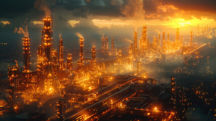 Fototapeta premium stunning industrial landscape at sunset, showcasing sprawling refinery with glowing lights and smoke rising into sky. scene captures beauty of industry and technology